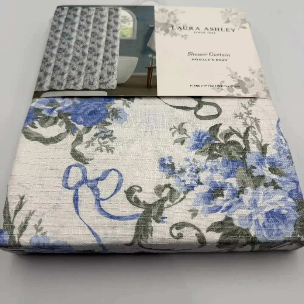 Laura Ashley Pricilla's Bows Shower Curtain Floral Cottagecore Blue White 72x72
